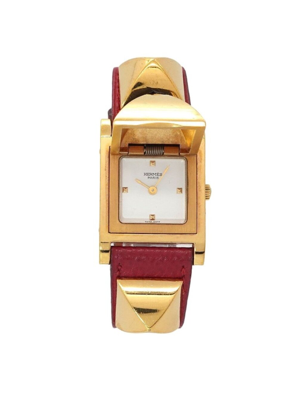 Hermes Medor Vintage Watch Pyramid Gold Studs White Red Quartz